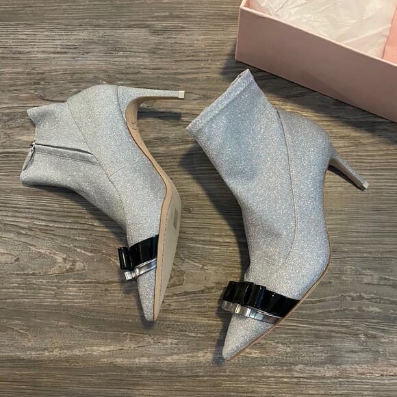 Sophia Webster Andie Bow Mid Heel Stretch Leather Glitter Fabric Ankle Booties - Picture 11 of 16